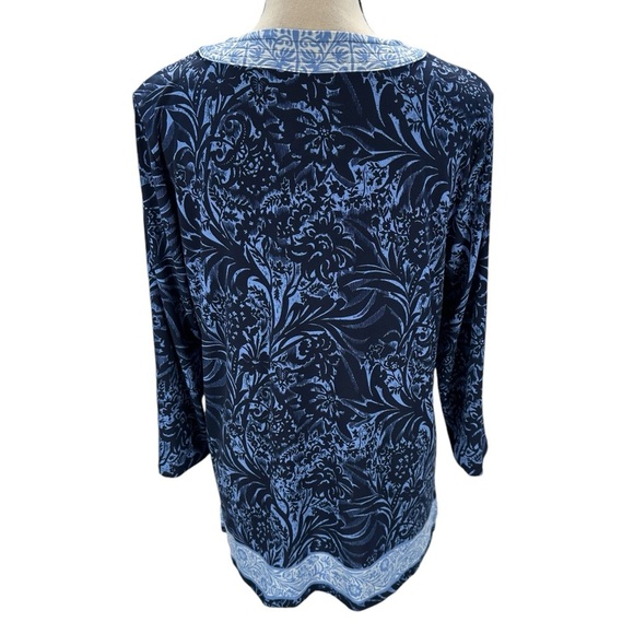JM Collection 3/4 Sleeve Lace Up Neck Floral Print Blouse - Blue - size Medium - Picture 3 of 10
